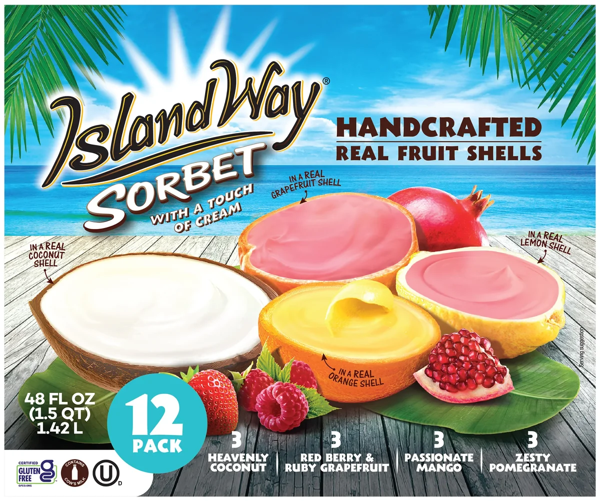 Island Way Sorbet 12 只装包装正面：四种口味各三只，分别装在真椰子壳、西柚壳、橙壳、柠檬壳里（图：Costco 商品图库）