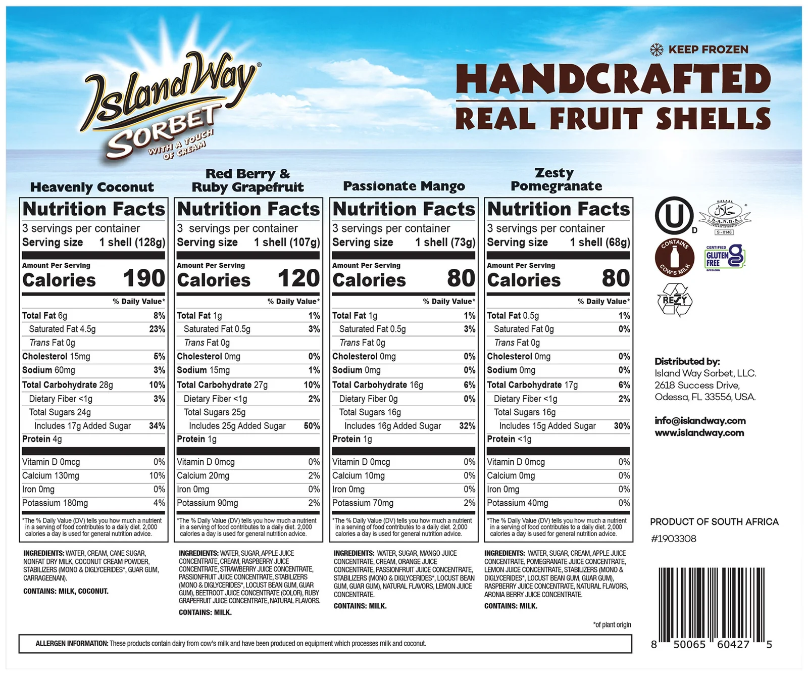 官方营养标签背板：四种口味各自的 Nutrition Facts、配料表和 PRODUCT OF SOUTH AFRICA 标注（图：Costco 商品图库）