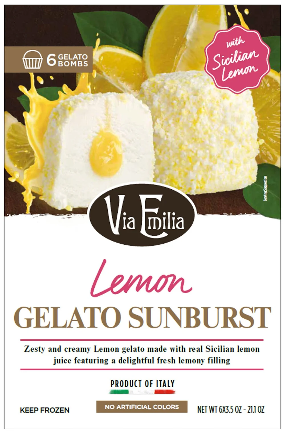 Via Emilia Lemon Gelato Sunburst 官方包装正面,标着 with Sicilian Lemon、Product of Italy、No Artificial Colors(图:Costco 商品图库)