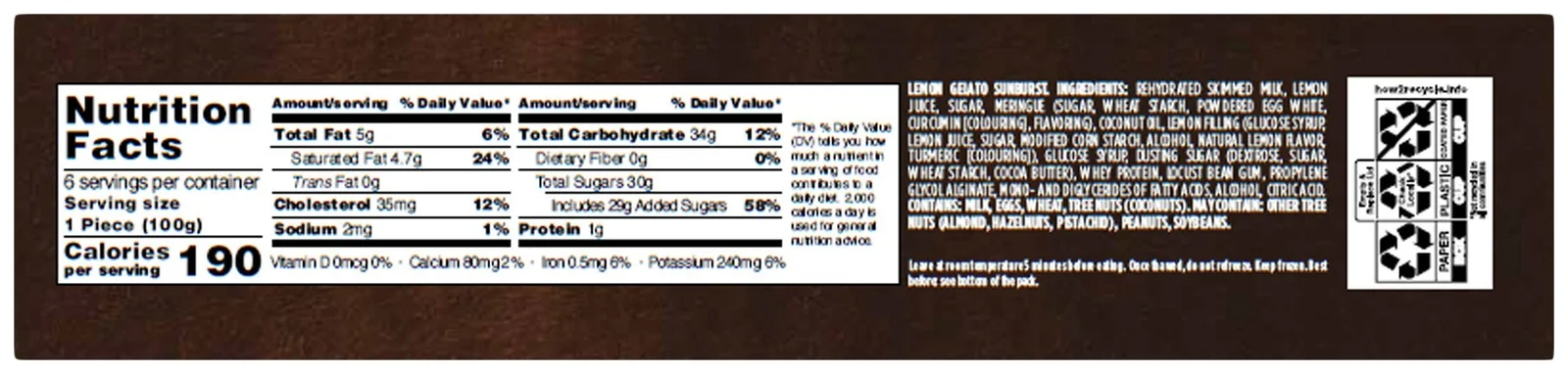 官方 Nutrition Facts 标签:每支 190 卡、29g 添加糖(58% DV),配料表第二位是柠檬汁(图:Costco 商品图库)