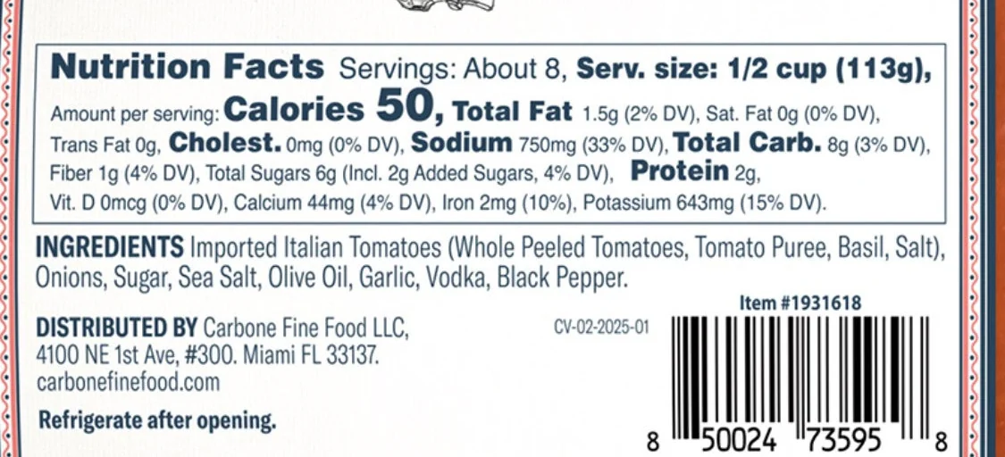 Carbone Classic Vodka Sauce 的营养成分表和配料表，item #1931618（图：Costco 官方商品图库）