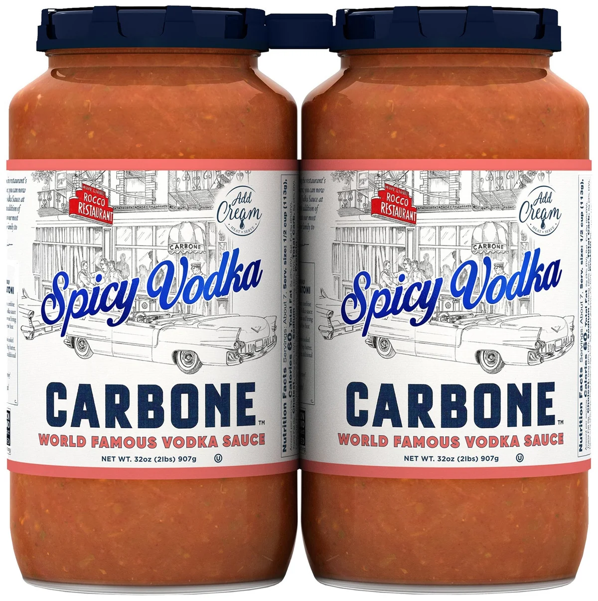 Costco 的 Carbone Spicy Vodka Sauce 两瓶装，item #1804984，瓶身画着 Rocco Restaurant 招牌和老式凯迪拉克（图：Costco 官方商品图库）