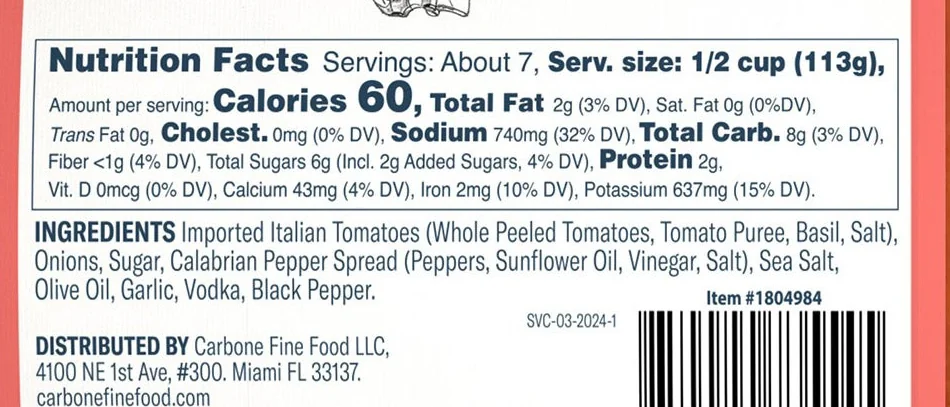 Carbone Spicy Vodka Sauce 的营养成分表和配料表，item #1804984（图：Costco 官方商品图库）